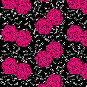 Bubblegum Pink d20 Dice with Small Scale Gamer Terms Black BG by Shari Lynn's Stitches