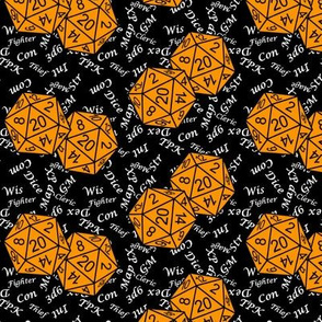 Cheddar Orange d20 Dice with Small Scale Gamer Terms Black BG by Shari Lynn's Stitches