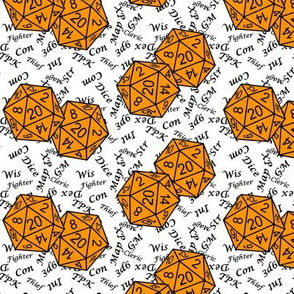 Cheddar Orange d20 Dice with Small Scale Gamer Terms White BG by Shari Lynn's Stitches