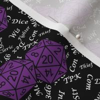 Mauveine d20 Dice with Small Scale Gamer Terms Black BG by Shari Armstrong Designs