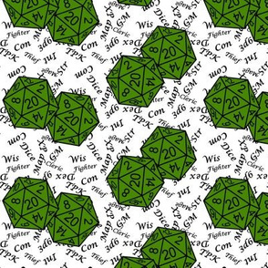 Poison Green d20 Dice with Small Scale Gamer Terms White BG by Shari Lynn's Stitches