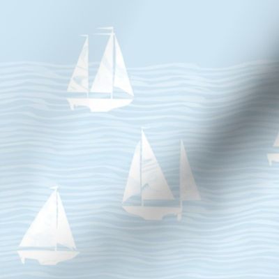 Beach nautical artistic small white sailboats waves light blue