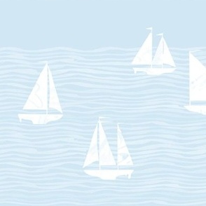 Beach nautical artistic small white sailboats waves light blue