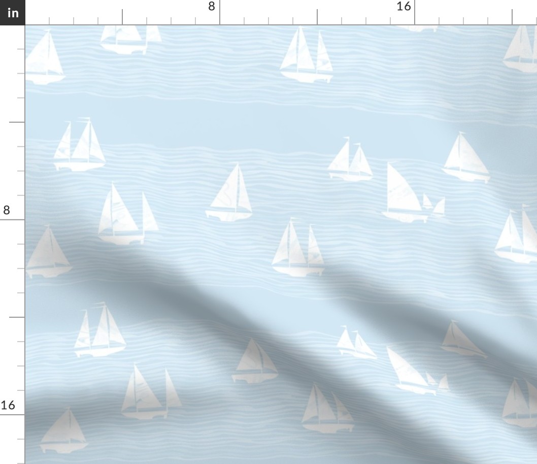 Beach nautical artistic small white sailboats waves light blue