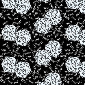 Ice d20 Dice with Small Scale Gamer Terms Black BG By Shari Lynn's Stitches