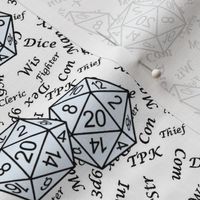 Ice d20 Dice with Small Scale Gamer Terms White BG by Shari Armstrong Designs