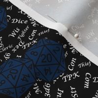 Midnight d20 Dice with Small Scale Gamer Terms Black BG by Shari Armstrong Designs
