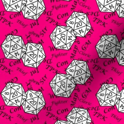 White d20 Dice with Med Scale Black Gamer Terms Bubblegum Pink BG by Shari Armstrong Designs