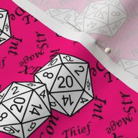 White d20 Dice with Med Scale Black Gamer Terms Bubblegum Pink BG by Shari Armstrong Designs