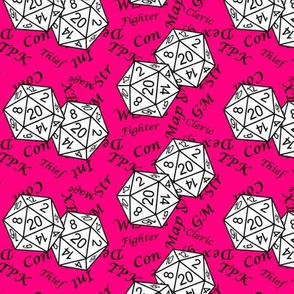 White d20 Dice with Med Scale Black Gamer Terms Bubblegum Pink BG by Shari Lynn's Stitches