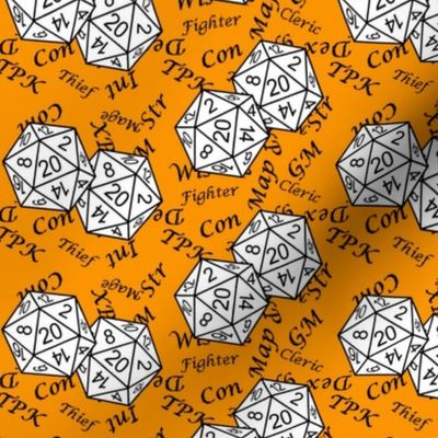 White d20 Dice with Med Scale Black Gamer Terms Cheddar Orange BG by Shari Armstrong Designs
