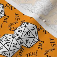 White d20 Dice with Med Scale Black Gamer Terms Cheddar Orange BG by Shari Armstrong Designs