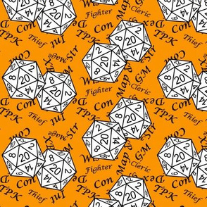 White d20 Dice with Med Scale Black Gamer Terms Cheddar Orange BG by Shari Lynn's Stitches