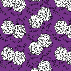 White d20 Dice with Med Scale Black Gamer Terms Mauveine BG by Shari Lynn's Stitches