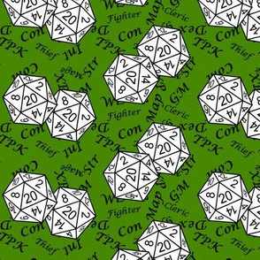 White d20 Dice with Med Scale Black Gamer Terms Poison Green BG by Shari Lynn's Stitches