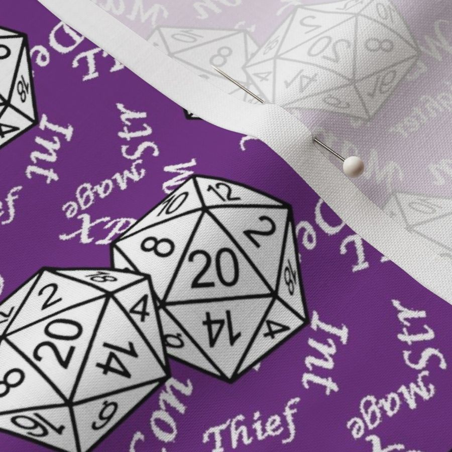 White d20 Dice with Med Scale White Gamer Terms Mauveine BG by Shari Armstrong Designs