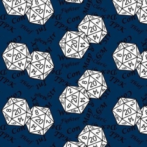 White d20 Dice with Med Scale Black Gamer Terms Midnight BG By Shari Lynn's Stitches