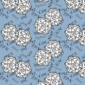 White d20 Dice with Med Scale Black Gamer Terms Slate BG By Shari Lynn's Stitches