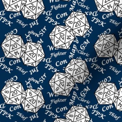 White d20 Dice with Med Scale White Gamer Terms Midnight BG by Shari Armstrong Designs