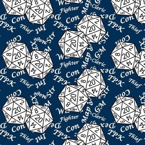 White d20 Dice with Med Scale White Gamer Terms Midnight BG By Shari Lynn's Stitches