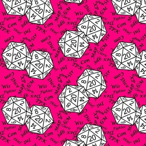 White d20 Dice with Small Scale Black Gamer Terms Bubblegum Pink BG by Shari Armstrong Designs