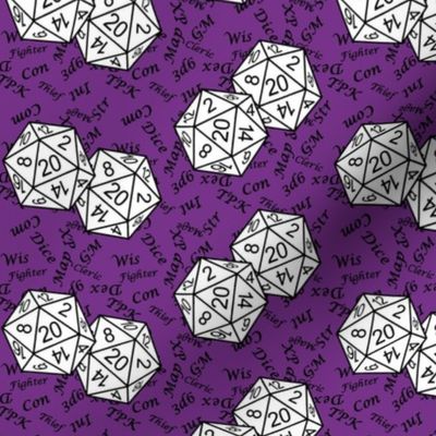 White d20 Dice with Small Scale Black Gamer Terms Mauveine BG by Shari Armstrong Designs