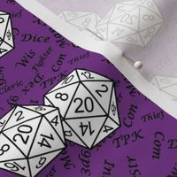 White d20 Dice with Small Scale Black Gamer Terms Mauveine BG by Shari Armstrong Designs