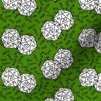 White d20 Dice with Small Scale Black Gamer Terms Poison Green BG by Shari Lynn's Stitches