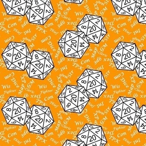 White d20 Dice with Small Scale White Gamer Terms Cheddar Orange BG by Shari Lynn's Stitches