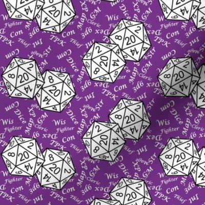 White d20 Dice with Small Scale White Gamer Terms Mauveine BG by Shari Armstrong Designs