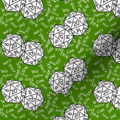 White d20 Dice with Small Scale White Gamer Terms Poison Green BG by Shari Lynn's Stitches