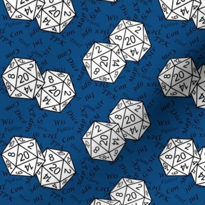 White d20 Dice with Small Scale Black Gamer Terms Classic Blue BG by Shari Armstrong Designs