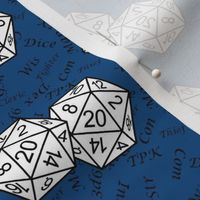 White d20 Dice with Small Scale Black Gamer Terms Classic Blue BG by Shari Armstrong Designs