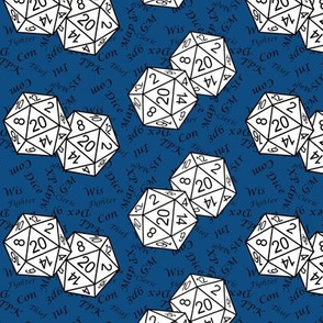 White d20 Dice with Small Scale Black Gamer Terms Classic Blue BG by Shari Lynn's Stitches