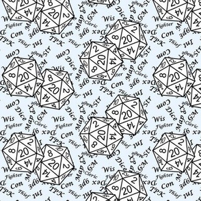 White d20 Dice with Small Scale Black Gamer Terms Ice  BG by Shari Lynn's Stitches