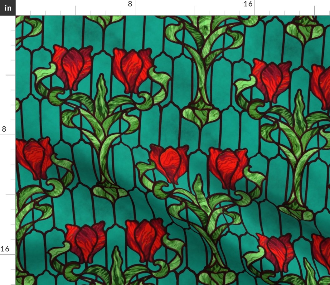 Tulip Stained Glass Window ~ Red on Mottled Napels 