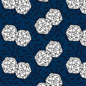 White d20 Dice with Small Scale Black Gamer Terms Midnight BG by Shari Lynn's Stitches