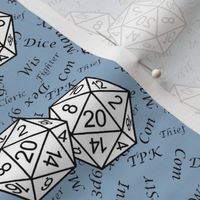 White d20 Dice with Small Scale Black Gamer Terms Slate BG by Shari Armstrong Designs