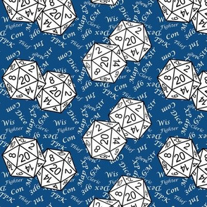 White d20 Dice with Small Scale White Gamer Terms Classic Blue BG by Shari Lynn's Stitches