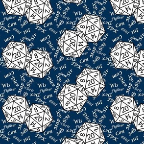 White d20 Dice with Small Scale White Gamer Terms Midnight BG by Shari Lynn's Stitches