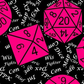 Bubblegum Pink Jumbo RPG Dice large white gamer terms black bg by Shari Lynn's Stitches