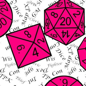 Bubblegum Pink Jumbo RPG Dice large black gamer terms white bg by Shari Lynn's Stitches