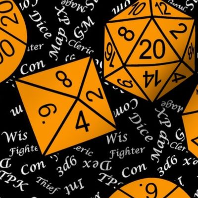 Cheddar Orange Jumbo RPG Dice large white gamer terms black bg by Shari Lynn's Stitches