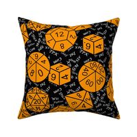 Cheddar Orange Jumbo RPG Dice large white gamer terms black bg by Shari Lynn's Stitches