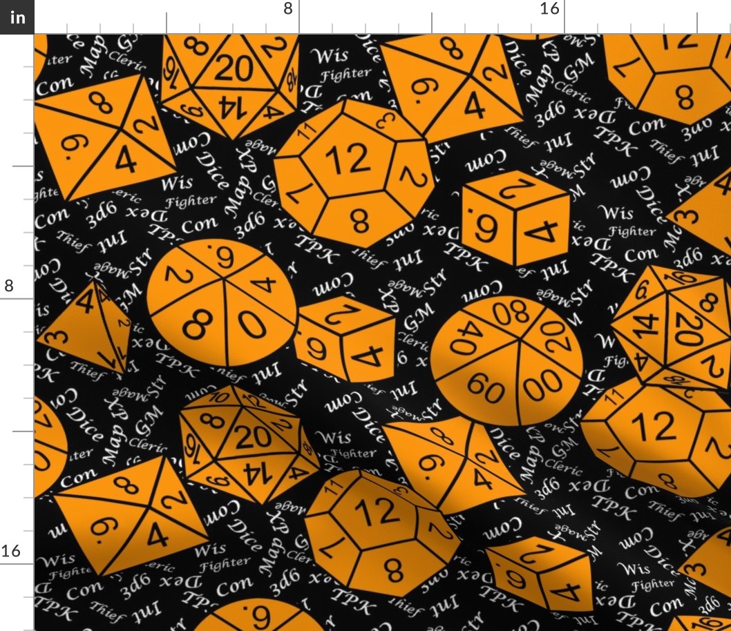 Cheddar Orange Jumbo RPG Dice large white gamer terms black bg by Shari Lynn's Stitches