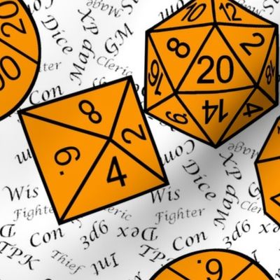 Cheddar Orange Jumbo RPG Dice large black gamer terms white bg by Shari Armstrong Designs