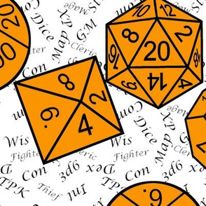 Cheddar Orange Jumbo RPG Dice large black gamer terms white bg by Shari Lynn's Stitches