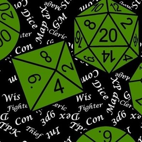 Poison Green Jumbo RPG Dice large white gamer terms black bg by Shari Lynn's Stitches 