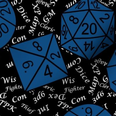 Classic Blue Jumbo RPG Dice large white gamer terms black bg by Shari Armstrong Designs