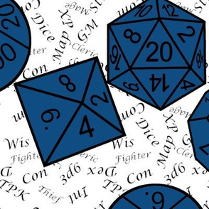 Classic Blue Jumbo RPG Dice large black gamer terms white bg by Shari Lynn's Stitches